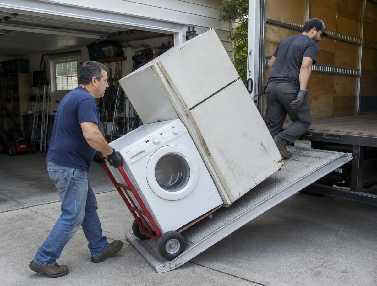 Workers moving an old refrigerator and washing machine out of a garage into a truck