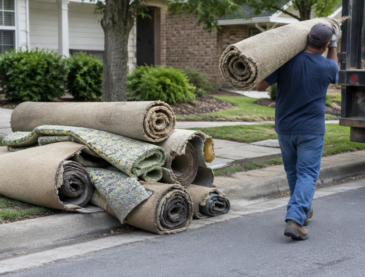 Worker carrying rolls of old carpet to the curb for haul away