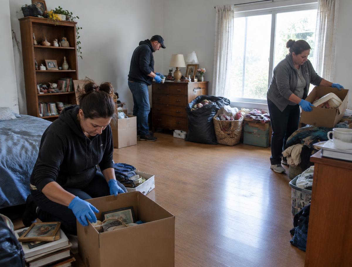 Cleanout crew carefully sorting household items and boxes in a cluttered room