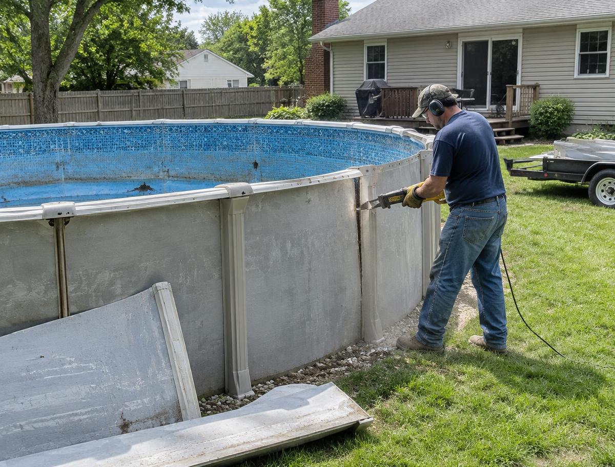 Worker dismantling an old above ground swimming pool in a backyard